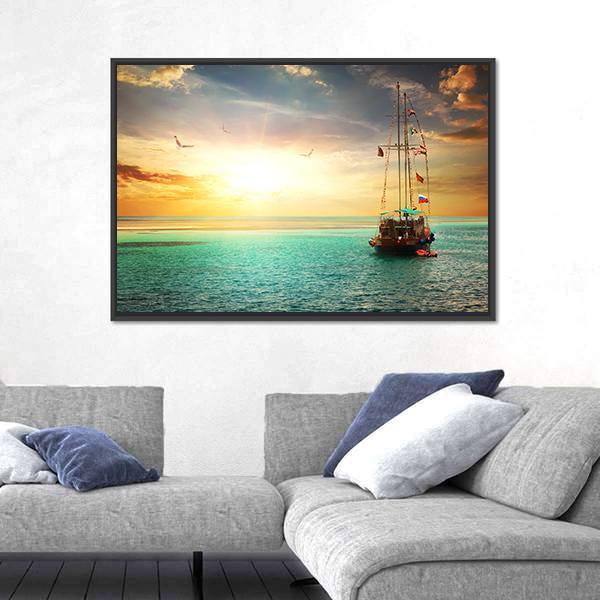 Sunset Over Yacht In The Sea Canvas Wall Art-3 Horizontal-Gallery Wrap-25" x 16"-Tiaracle