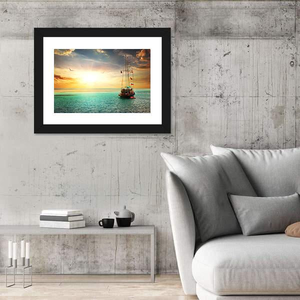 Sunset Over Yacht In The Sea Canvas Wall Art-3 Horizontal-Gallery Wrap-25" x 16"-Tiaracle