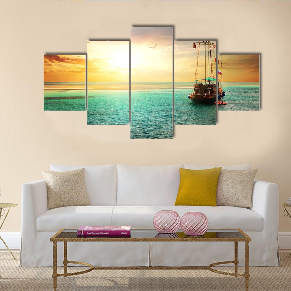 Sunset Over Yacht In The Sea Canvas Wall Art-5 Star-Gallery Wrap-62" x 32"-Tiaracle