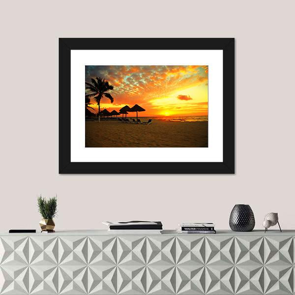 Sunset Scene At Tropical Beach Resort Silhouette Canvas Wall Art-1 Piece-Framed Print-20" x 16"-Tiaracle