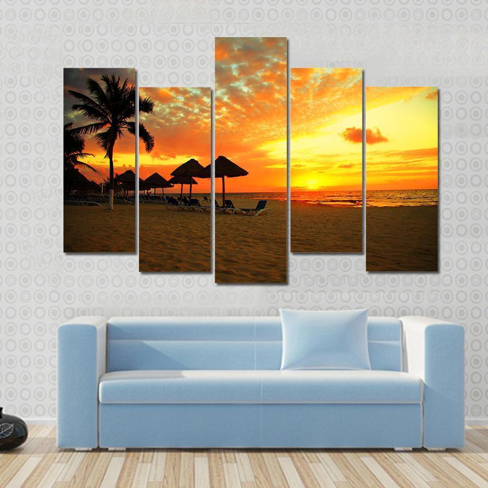 Sunset Scene At Tropical Beach Resort Silhouette Canvas Wall Art-5 Pop-Gallery Wrap-47" x 32"-Tiaracle