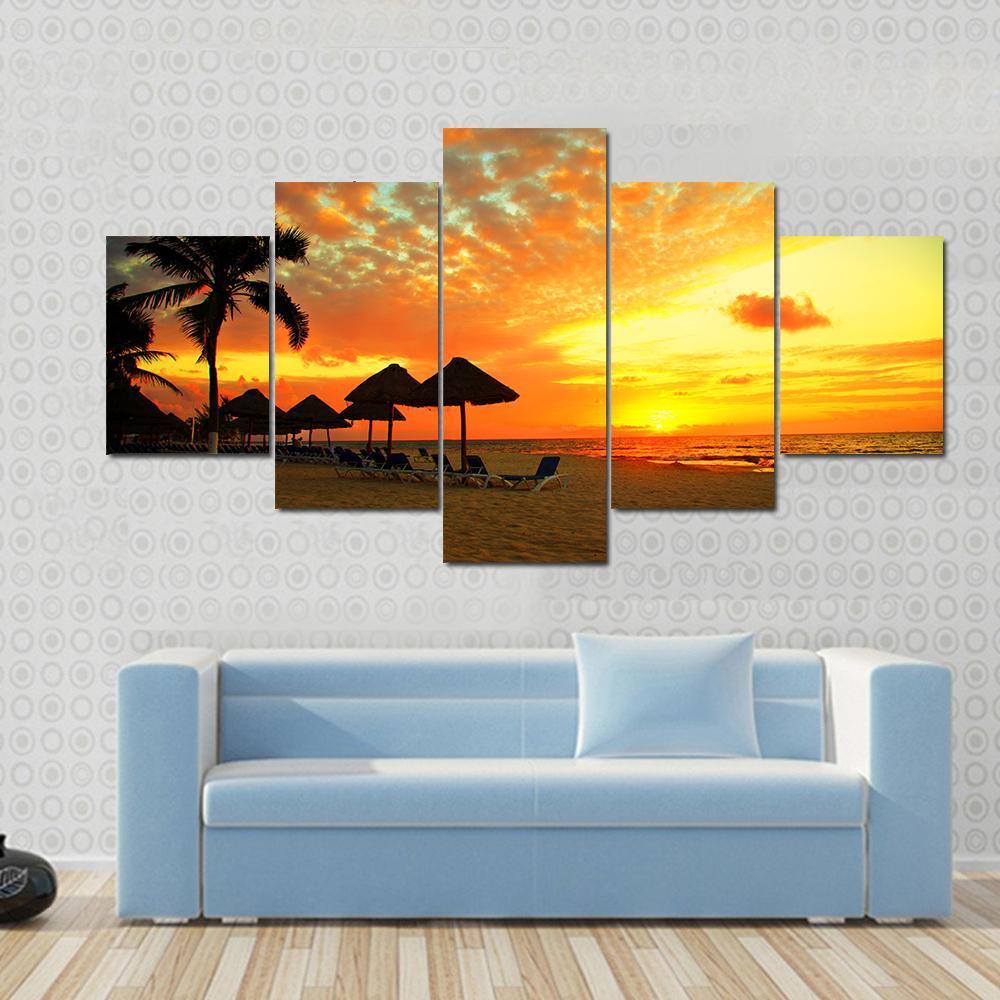 Sunset Scene At Tropical Beach Resort Silhouette Canvas Wall Art-5 Star-Gallery Wrap-62" x 32"-Tiaracle