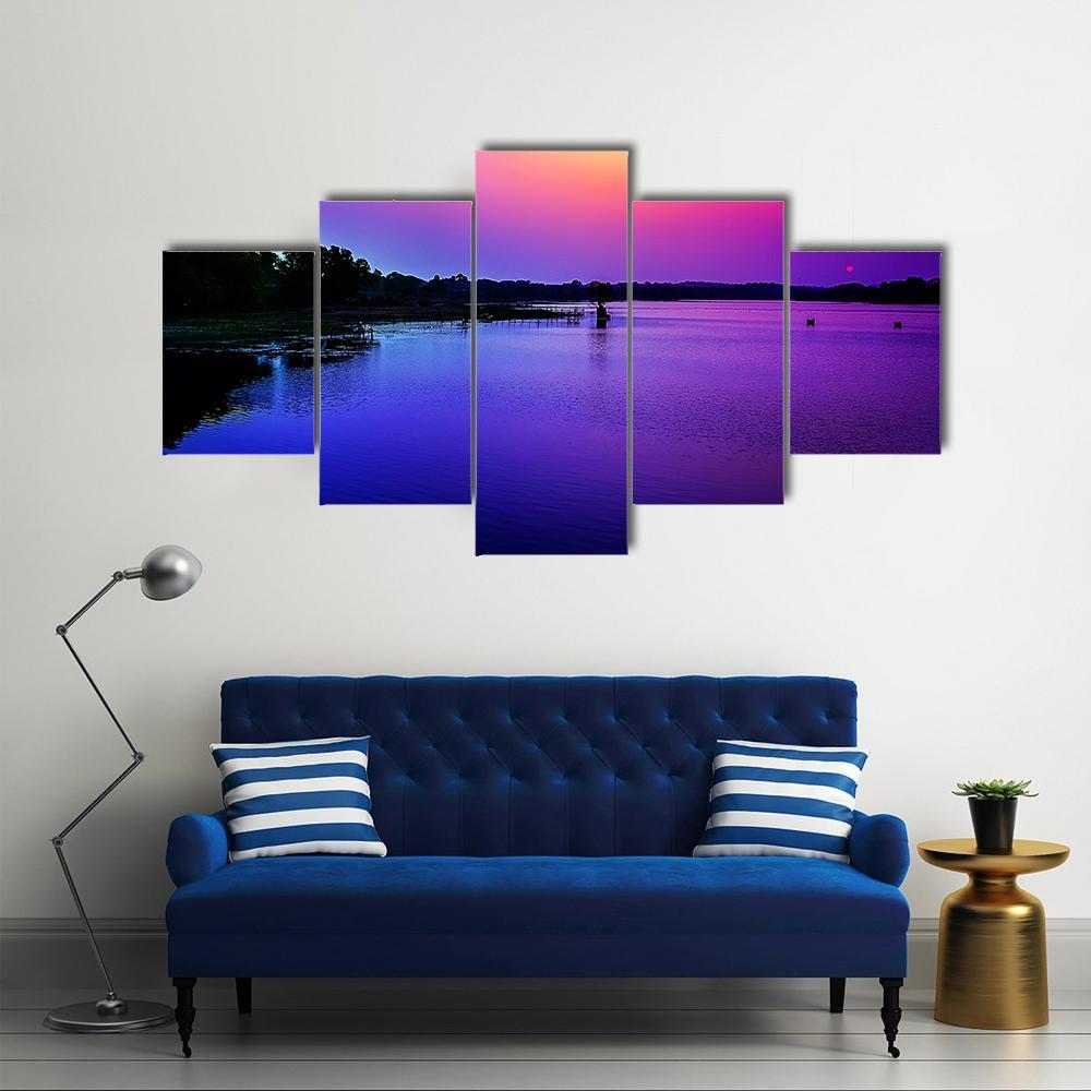 Sunset Sky In The Bank Of River Canvas Wall Art-5 Star-Gallery Wrap-62" x 32"-Tiaracle