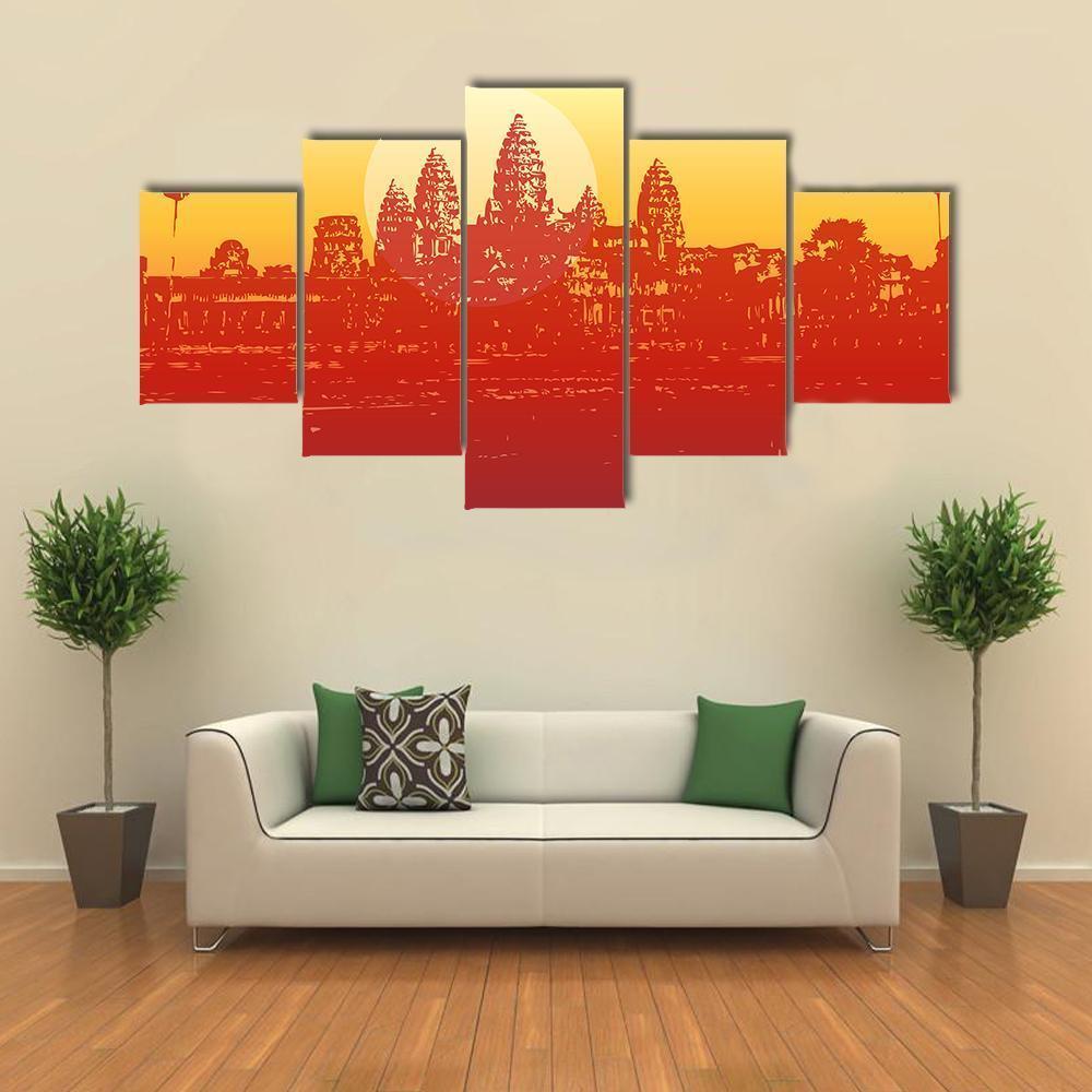 Sunset View Of Angkor Wat Temple Canvas Wall Art-5 Star-Gallery Wrap-62" x 32"-Tiaracle