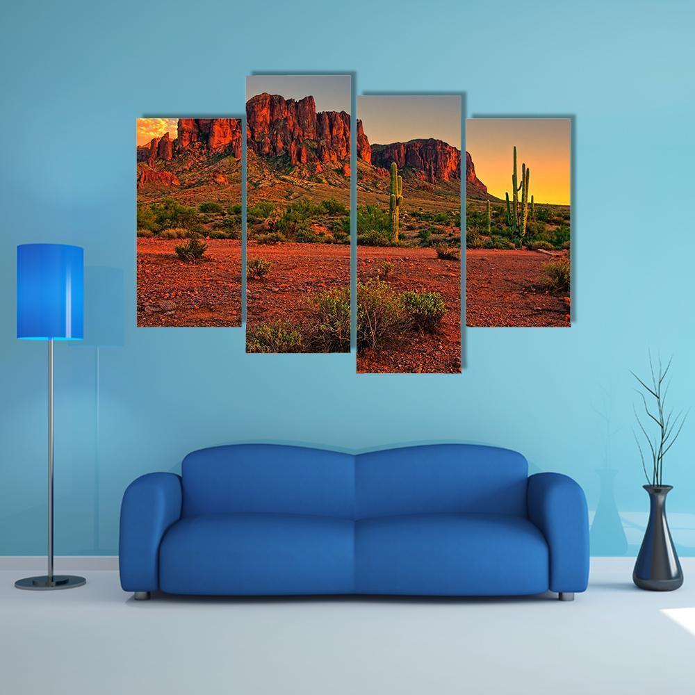 Sunset View Of Desert And Mountains Canvas Wall Art-4 Pop-Gallery Wrap-50" x 32"-Tiaracle