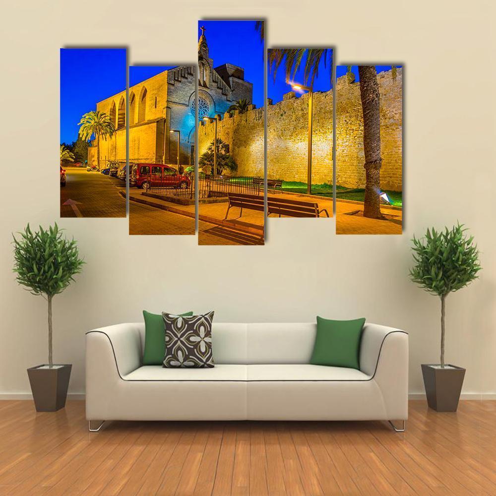 Sunset View Of Fortification Of Alcudia Town At Mallorca Canvas Wall Art-5 Pop-Gallery Wrap-47" x 32"-Tiaracle