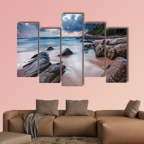 Sunset View Of Tropical Beach Canvas Wall Art-5 Pop-Gallery Wrap-47" x 32"-Tiaracle