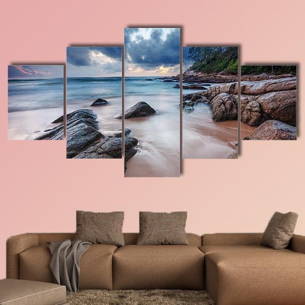 Sunset View Of Tropical Beach Canvas Wall Art-5 Star-Gallery Wrap-62" x 32"-Tiaracle