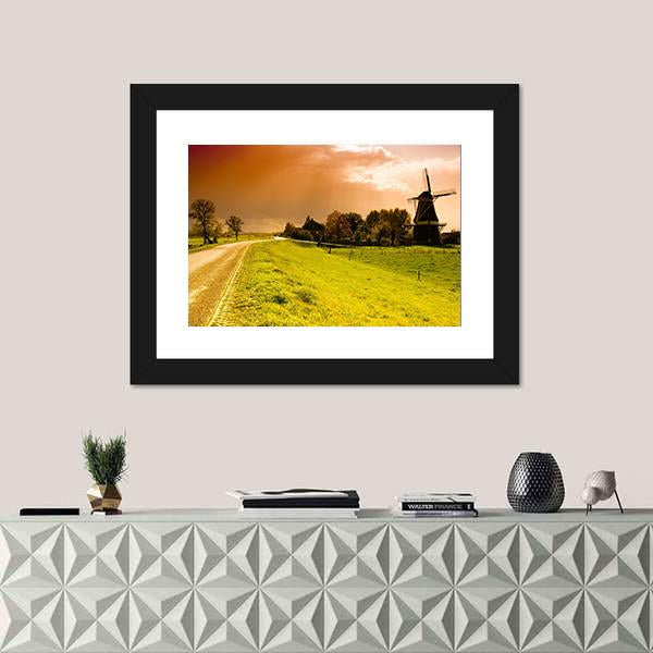 Sunset Windmill Landscape In The Netherlands Canvas Wall Art-1 Piece-Framed Print-20" x 16"-Tiaracle
