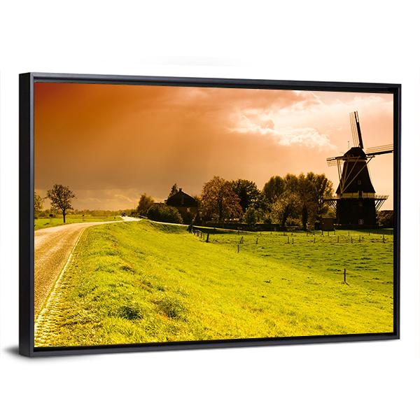Sunset Windmill Landscape In The Netherlands Canvas Wall Art-3 Horizontal-Gallery Wrap-25" x 16"-Tiaracle