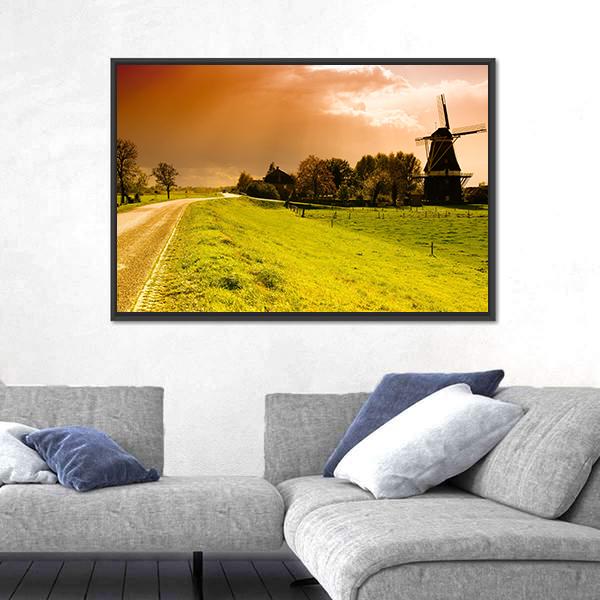 Sunset Windmill Landscape In The Netherlands Canvas Wall Art-3 Horizontal-Gallery Wrap-25" x 16"-Tiaracle