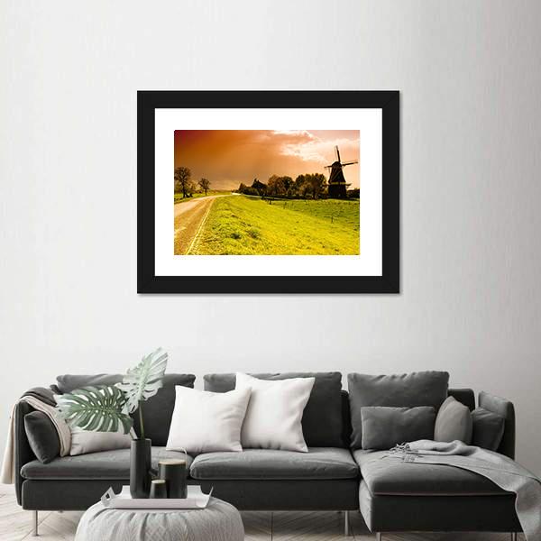 Sunset Windmill Landscape In The Netherlands Canvas Wall Art-3 Horizontal-Gallery Wrap-25" x 16"-Tiaracle