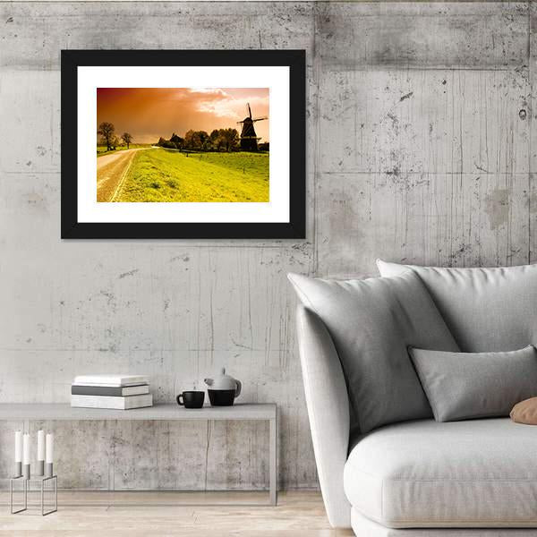 Sunset Windmill Landscape In The Netherlands Canvas Wall Art-3 Horizontal-Gallery Wrap-25" x 16"-Tiaracle