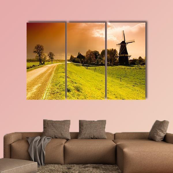 Sunset Windmill Landscape In The Netherlands Canvas Wall Art-3 Horizontal-Gallery Wrap-37" x 24"-Tiaracle