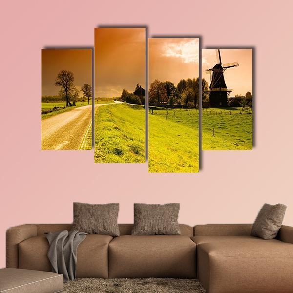 Sunset Windmill Landscape In The Netherlands Canvas Wall Art-4 Pop-Gallery Wrap-50" x 32"-Tiaracle