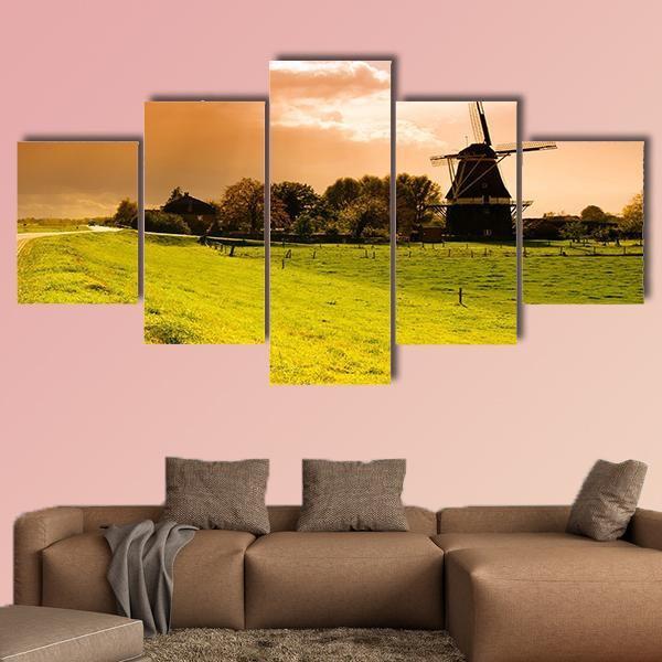 Sunset Windmill Landscape In The Netherlands Canvas Wall Art-5 Star-Gallery Wrap-62" x 32"-Tiaracle