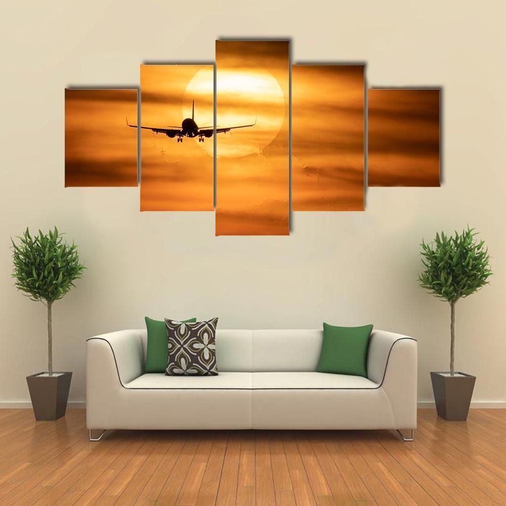 Sunset With Airplane Canvas Wall Art-5 Star-Gallery Wrap-62" x 32"-Tiaracle