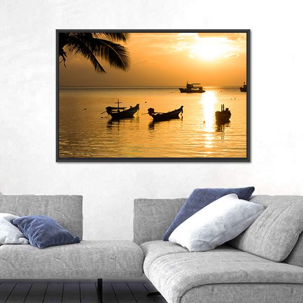 Sunset With Palm And Boats On Tropical Beach Canvas Wall Art-3 Horizontal-Gallery Wrap-25" x 16"-Tiaracle