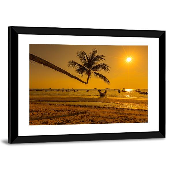 Sunset With Palm In Ko Tao Island Canvas Wall Art-3 Horizontal-Gallery Wrap-25" x 16"-Tiaracle