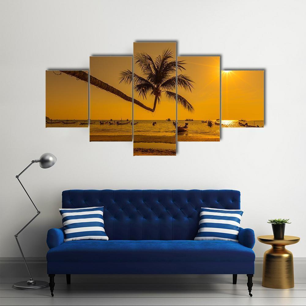 Sunset With Palm In Ko Tao Island Canvas Wall Art-5 Star-Gallery Wrap-62" x 32"-Tiaracle