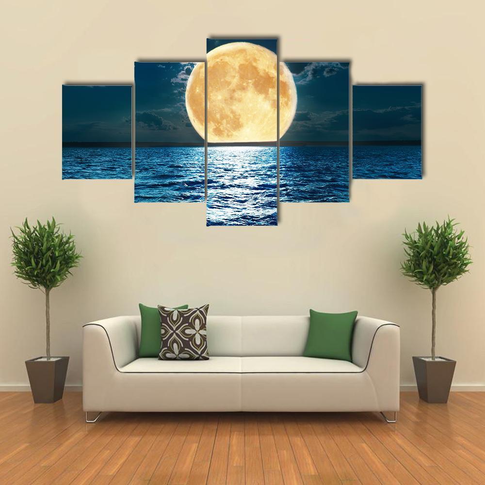 Super Moon Over Water Canvas Wall Art-5 Star-Gallery Wrap-62" x 32"-Tiaracle
