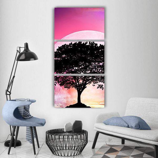 Super Moon With Tree Vertical Canvas Wall Art-3 Vertical-Gallery Wrap-12" x 25"-Tiaracle