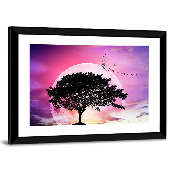 Super Moon With Tree Vertical Canvas Wall Art-3 Vertical-Gallery Wrap-12" x 25"-Tiaracle