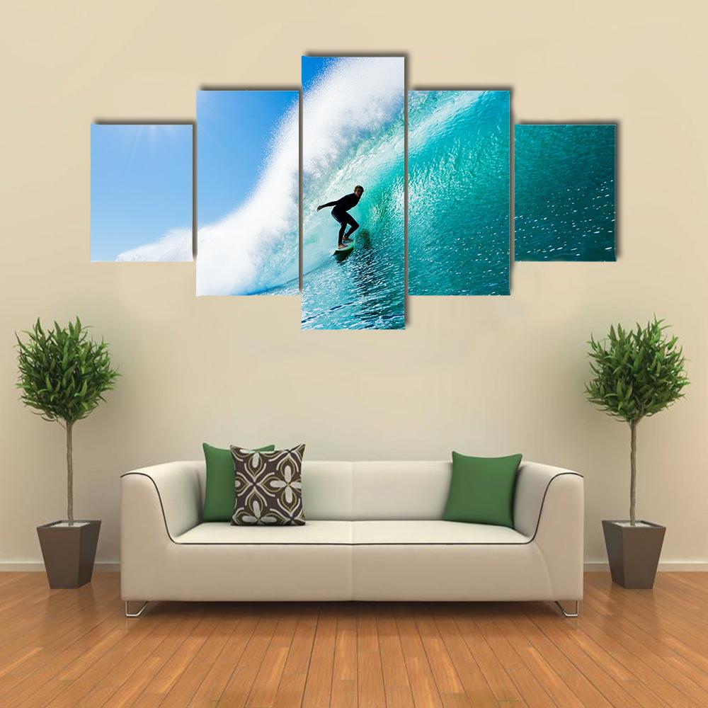 Surfer On Blue Ocean Wave Canvas Wall Art-5 Star-Gallery Wrap-42" x 21"-Tiaracle