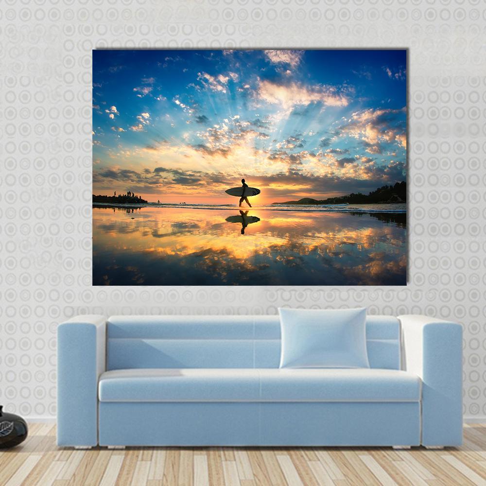 Surfer On Sea Shore Canvas Wall Art-1 Piece-Gallery Wrap-36" x 24"-Tiaracle