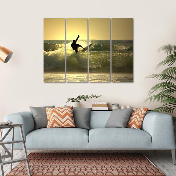 Surfer Surfing At Sunset Canvas Wall Art-4 Horizontal-Gallery Wrap-34" x 24"-Tiaracle