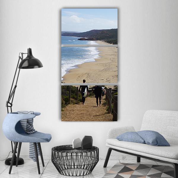 Surfers On Bells Beach In Australia Vertical Canvas Wall Art-3 Vertical-Gallery Wrap-12" x 25"-Tiaracle