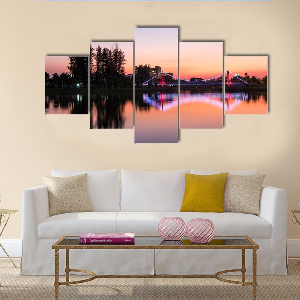 Suspension Bridge In A Park City Canvas Wall Art-5 Star-Gallery Wrap-62" x 32"-Tiaracle