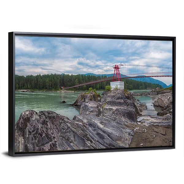 Suspension Bridge On Mountain River Canvas Wall Art-3 Horizontal-Gallery Wrap-25" x 16"-Tiaracle