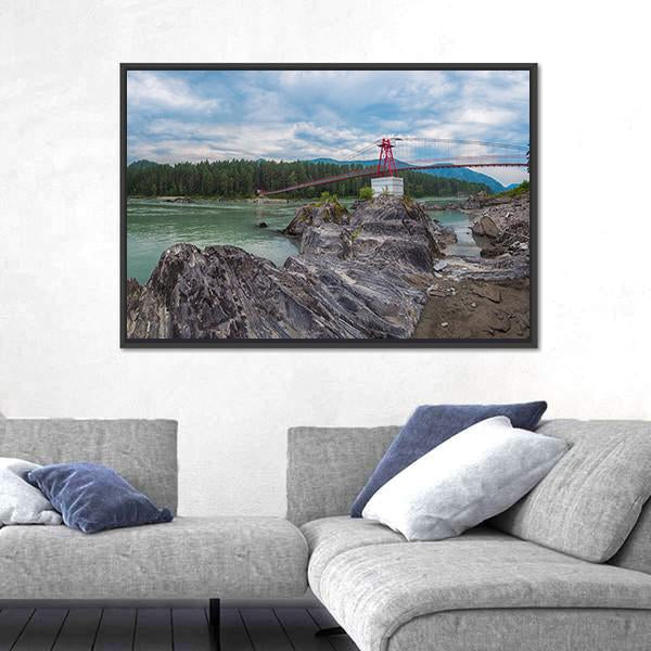 Suspension Bridge On Mountain River Canvas Wall Art-3 Horizontal-Gallery Wrap-25" x 16"-Tiaracle
