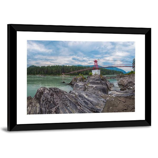 Suspension Bridge On Mountain River Canvas Wall Art-3 Horizontal-Gallery Wrap-25" x 16"-Tiaracle