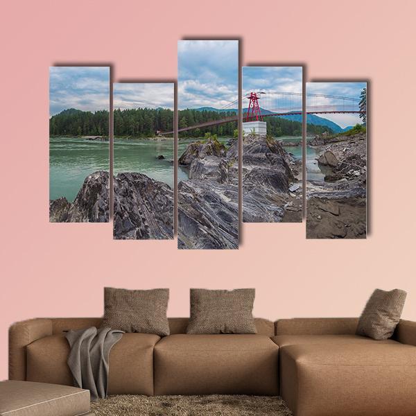 Suspension Bridge On Mountain River Canvas Wall Art-5 Pop-Gallery Wrap-47" x 32"-Tiaracle