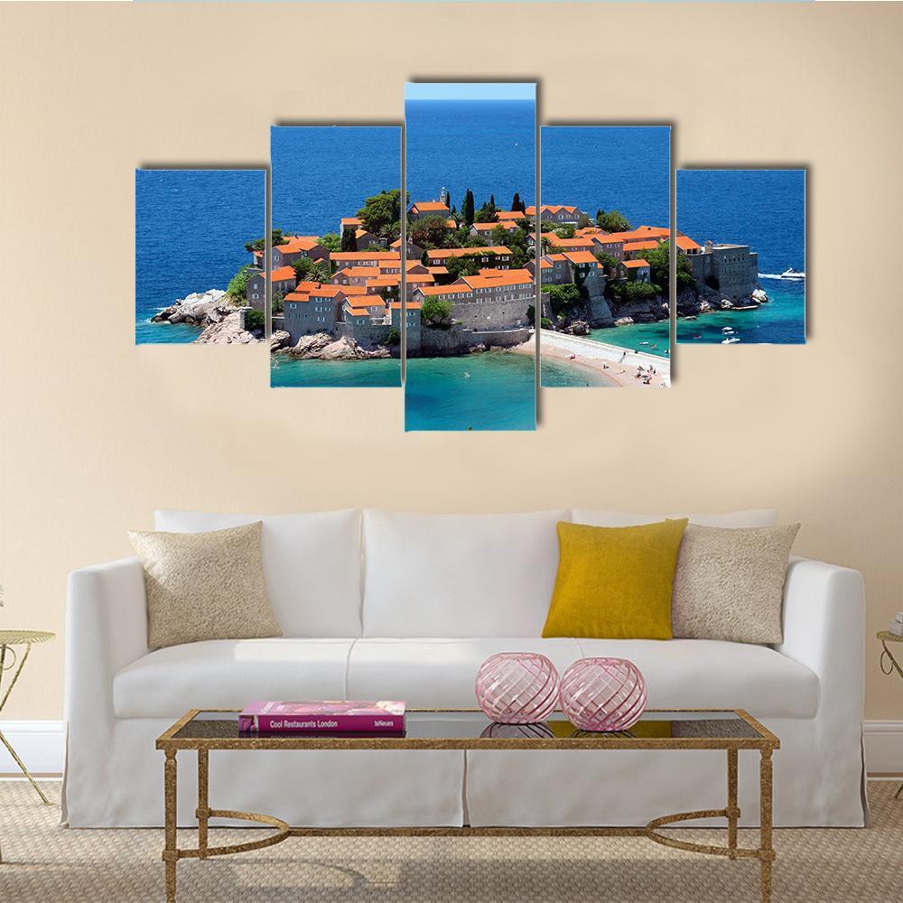 Sveti Stefan In Daylight Montenegro Canvas Wall Art-5 Star-Gallery Wrap-62" x 32"-Tiaracle