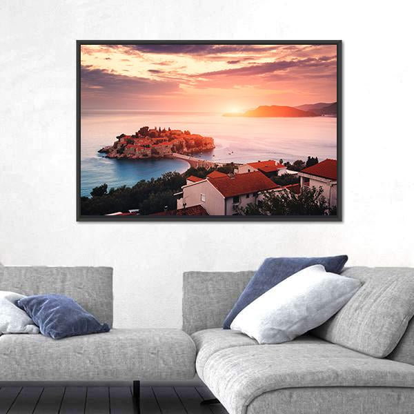 Sveti Stefan Island At Sunrise Canvas Wall Art-3 Horizontal-Gallery Wrap-25" x 16"-Tiaracle
