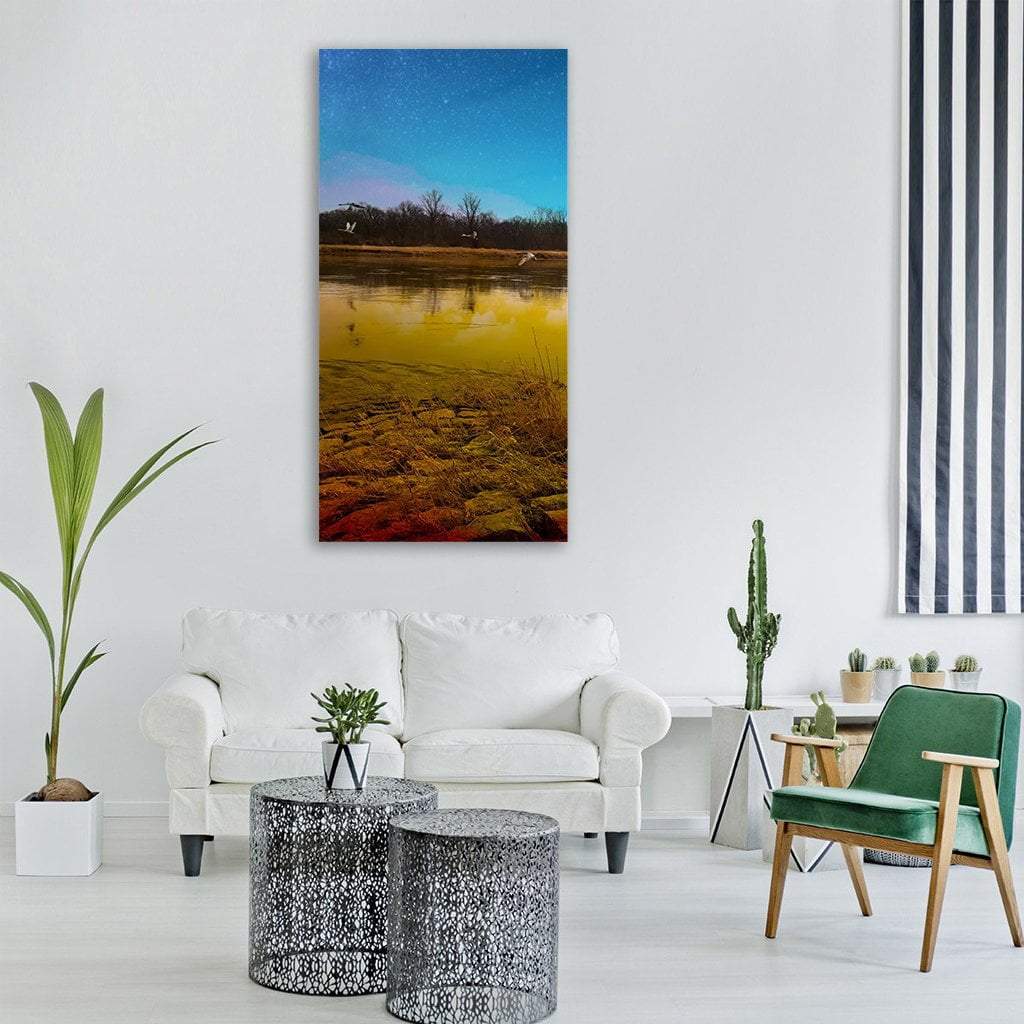Swans Fly In River Water With Moonlit Night Vertical Canvas Wall Art-1 Vertical-Gallery Wrap-12" x 24"-Tiaracle