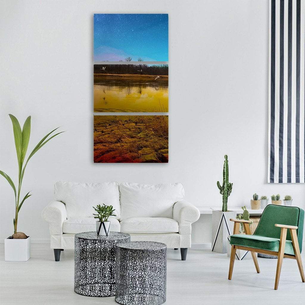 Swans Fly In River Water With Moonlit Night Vertical Canvas Wall Art-3 Vertical-Gallery Wrap-12" x 25"-Tiaracle