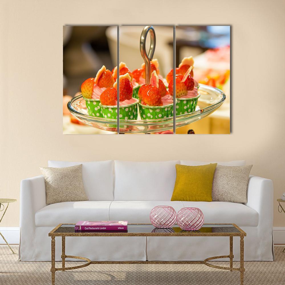 Sweet Cup Cake On Plate Canvas Wall Art-3 Horizontal-Gallery Wrap-37" x 24"-Tiaracle