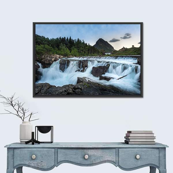 Swift Current Falls In Many Glacier Canvas Wall Art-1 Piece-Floating Frame-24" x 16"-Tiaracle