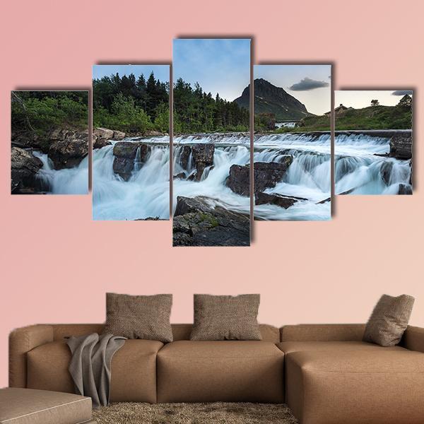 Swift Current Falls In Many Glacier Canvas Wall Art-5 Star-Gallery Wrap-62" x 32"-Tiaracle