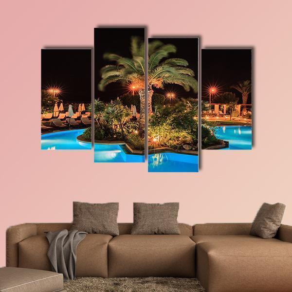 Swimming Pool In Night View Canvas Wall Art-4 Pop-Gallery Wrap-50" x 32"-Tiaracle