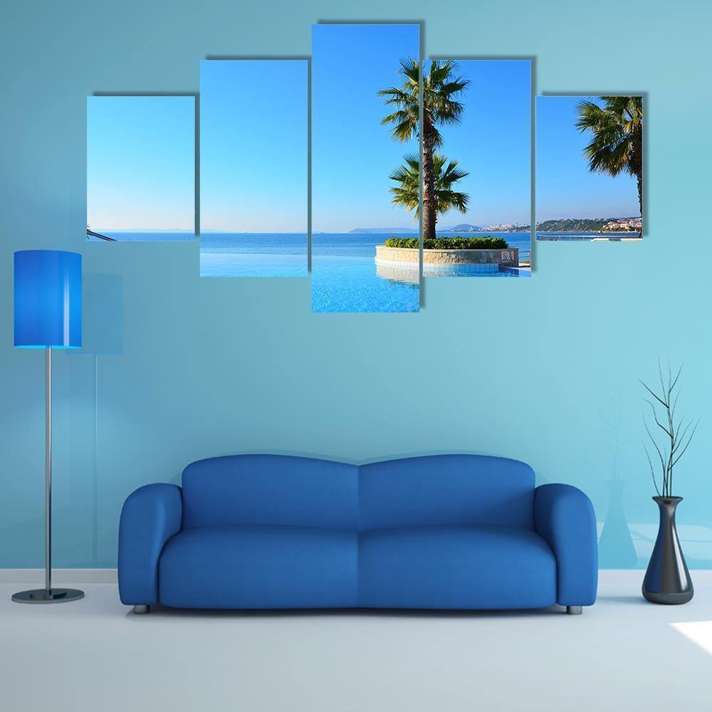 Swimming Pool With Palm Tree Canvas Wall Art-5 Star-Gallery Wrap-62" x 32"-Tiaracle