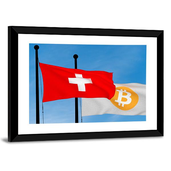 Swiss Flag And Bitcoin Flag Panoramic Canvas Wall Art-1 Piece-36" x 12"-Tiaracle