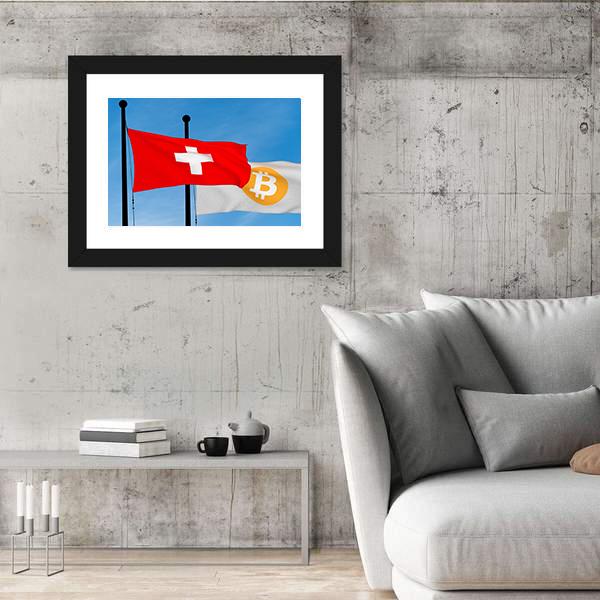 Swiss Flag And Bitcoin Flag Panoramic Canvas Wall Art-1 Piece-36" x 12"-Tiaracle