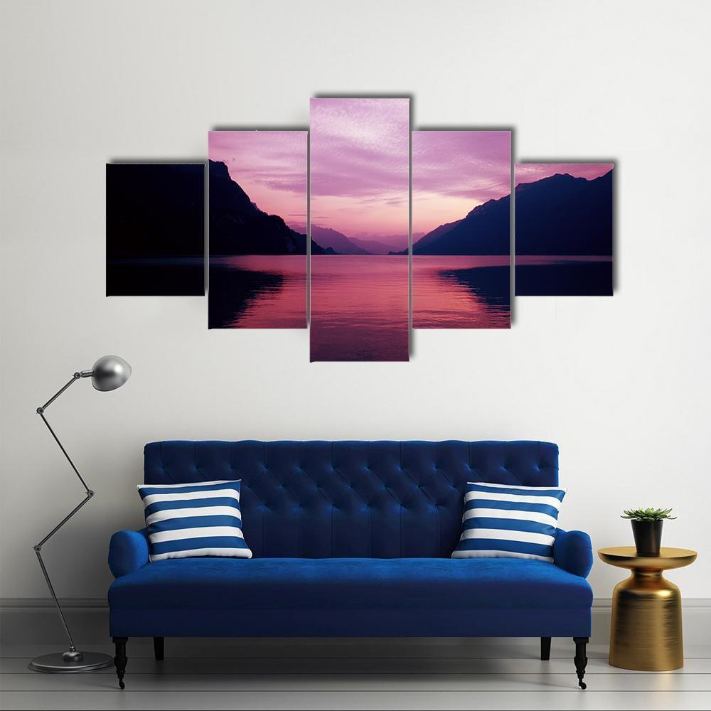 Swiss Lake At Sunset In Brienz Canvas Wall Art-5 Star-Gallery Wrap-62" x 32"-Tiaracle