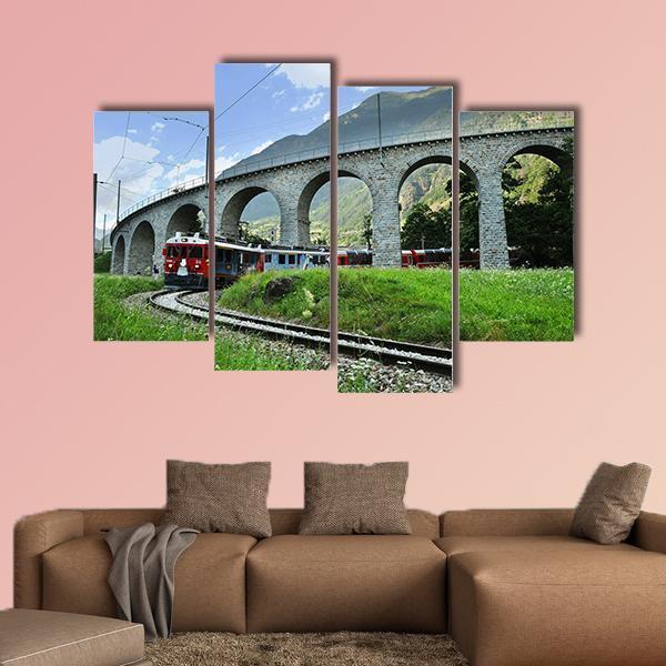Swiss Red Train Bernina Express Canvas Wall Art-4 Pop-Gallery Wrap-50" x 32"-Tiaracle