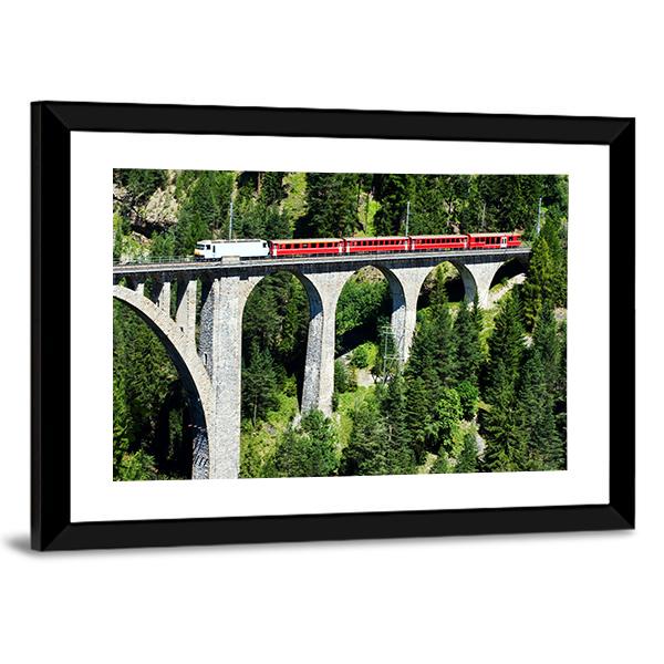 Swiss Train On Very High Bridge Near Wiesen Switzerland Canvas Wall Art-3 Horizontal-Gallery Wrap-25" x 16"-Tiaracle